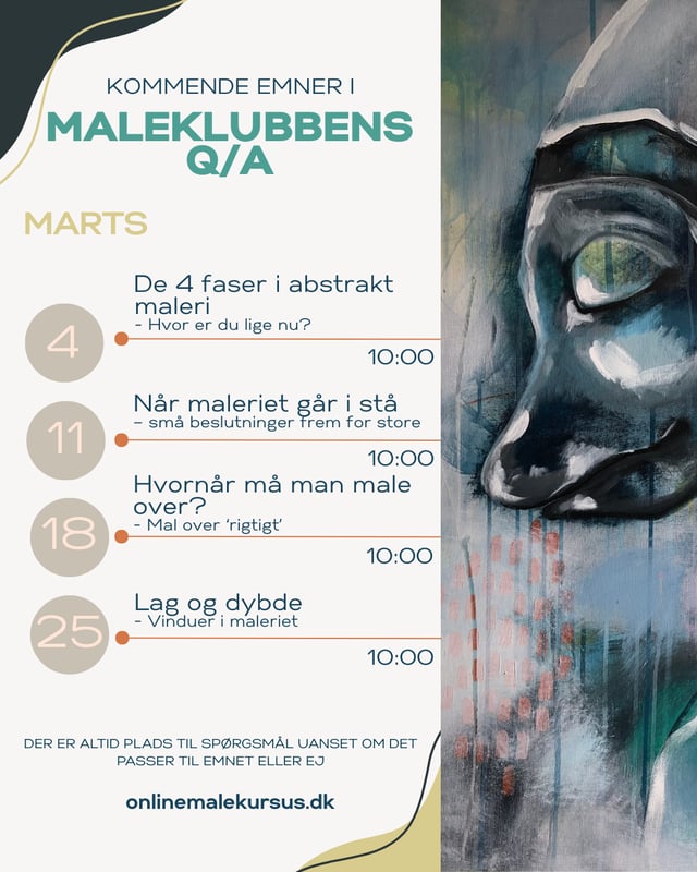 kommende emner i maleklubbens Q/A marts 2026